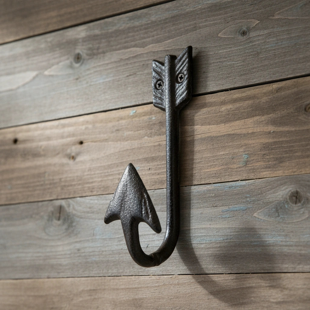 Black cast iron arrow head hook with decorative feathered shaft detail and curved holding hook