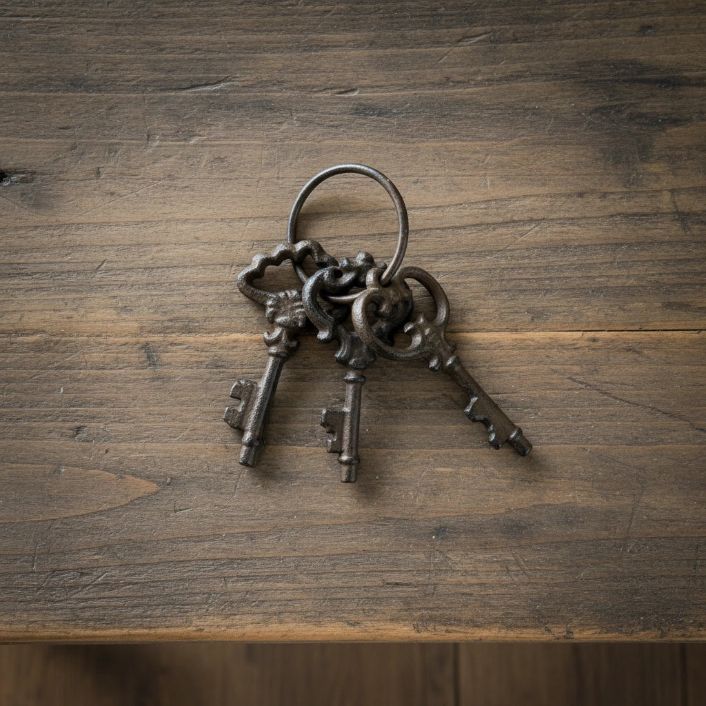 Set of three ornate cast iron vintage keys with decorative scrollwork on bronze metal ring