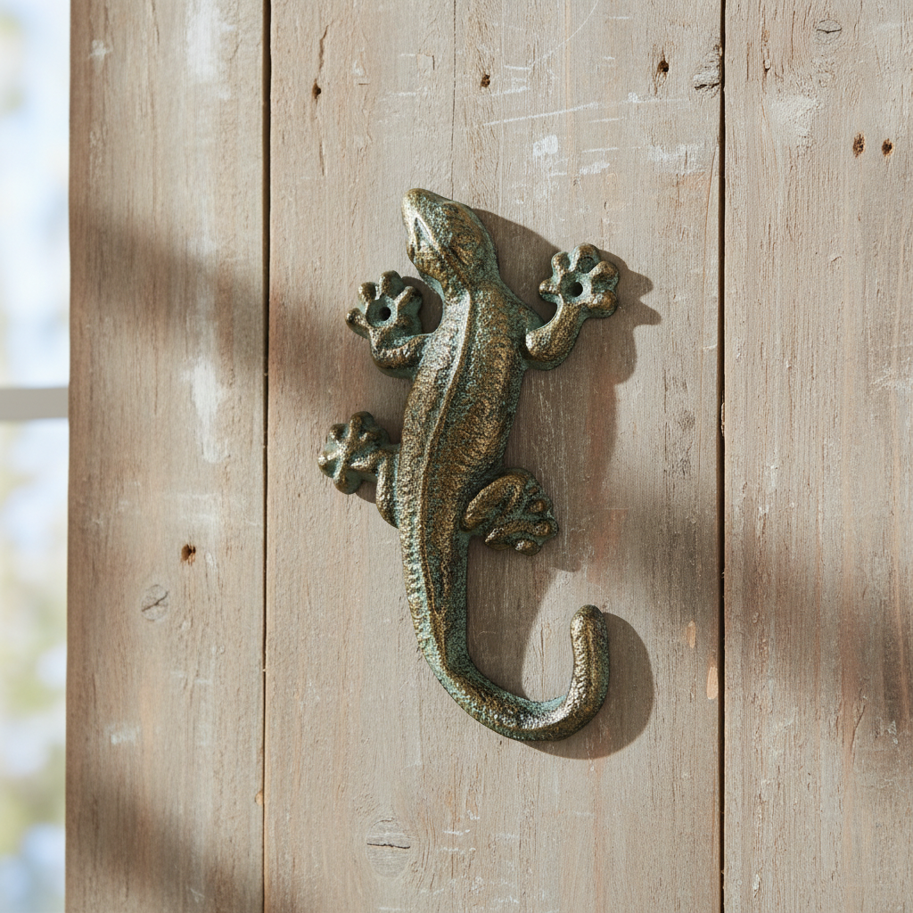 Cast iron gecko wall hook in green and gold finish with detailed texture and curved design