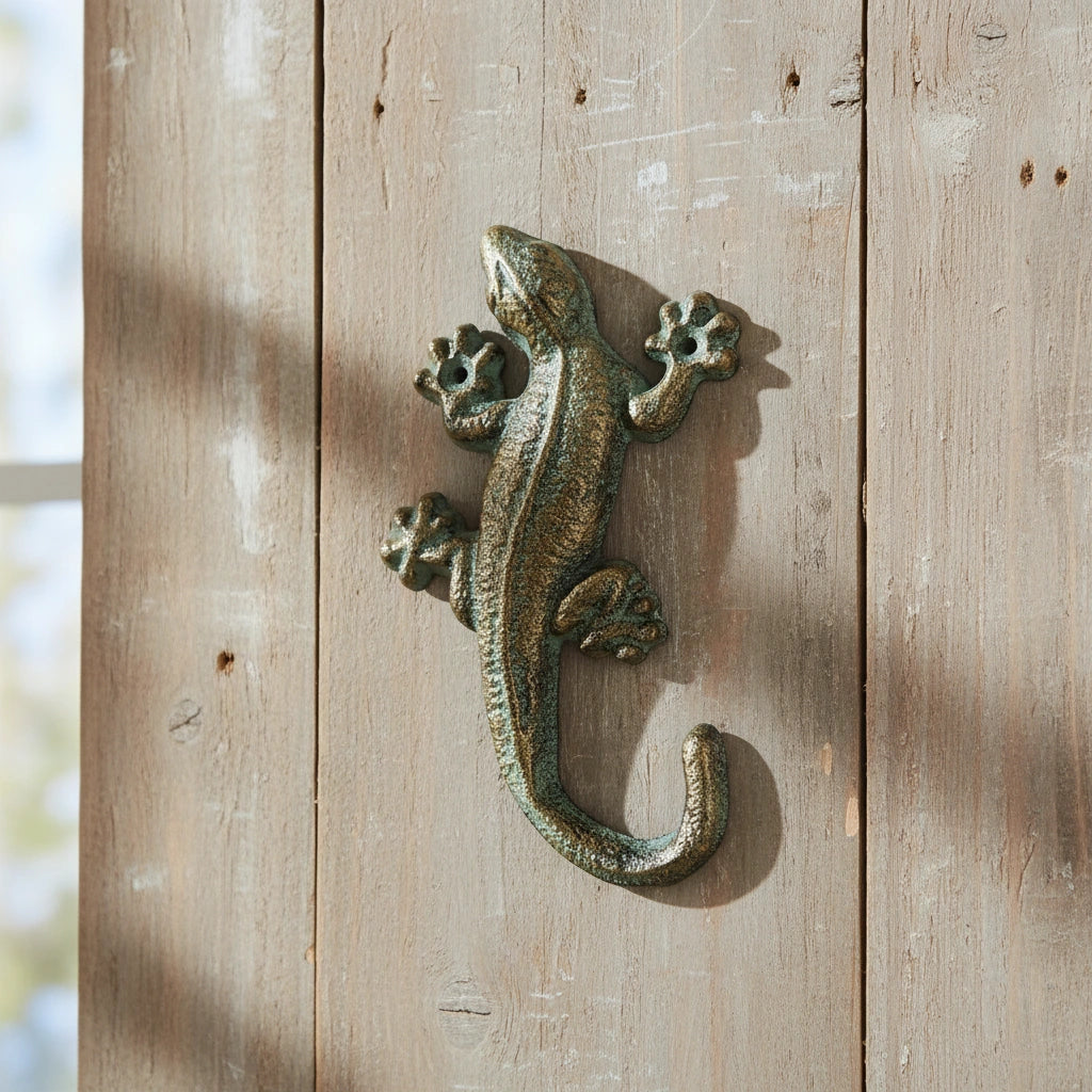 Cast iron gecko wall hook in green and gold finish with detailed texture and curved design