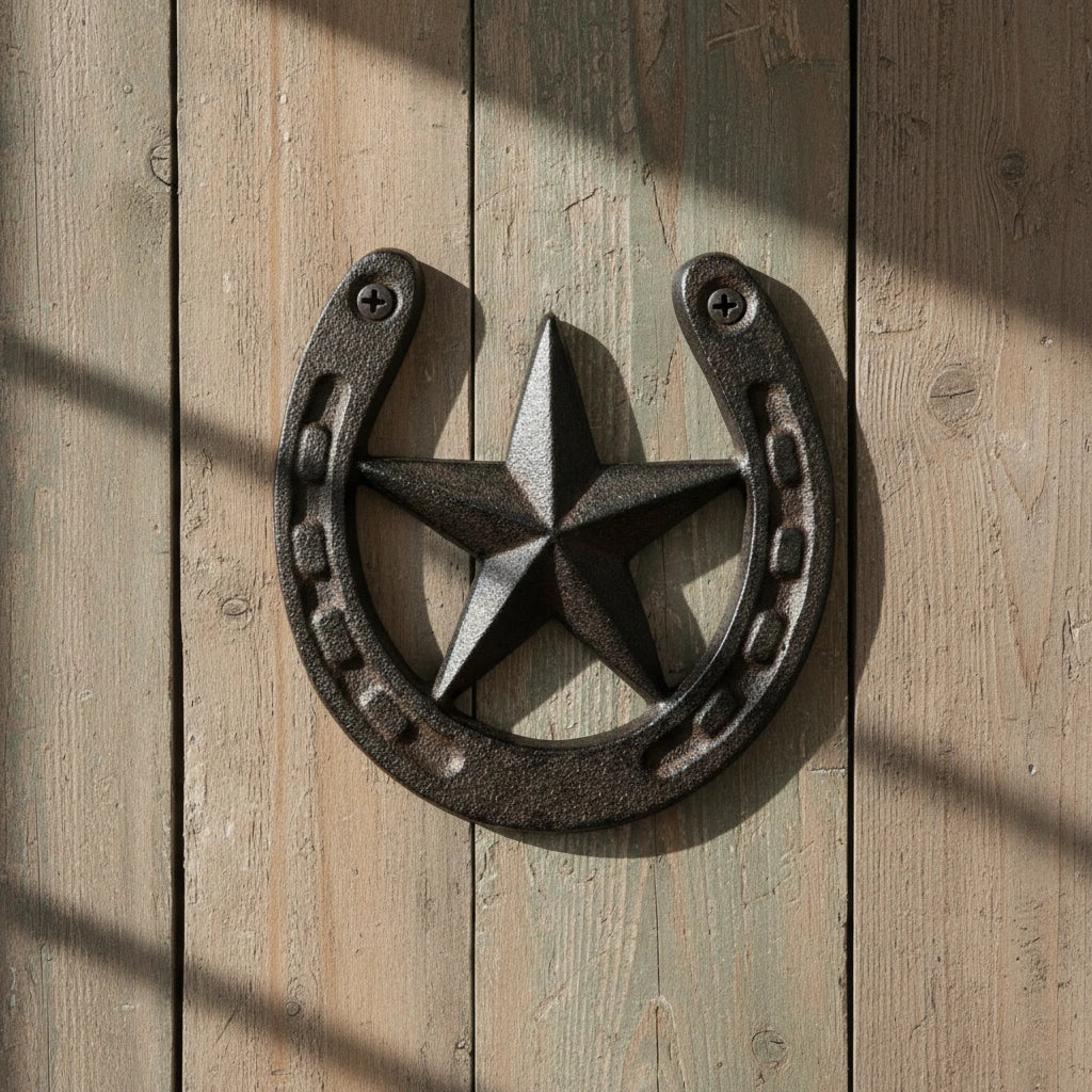 Cast iron star and horseshoe wall hook combo, rustic Western home decor accent