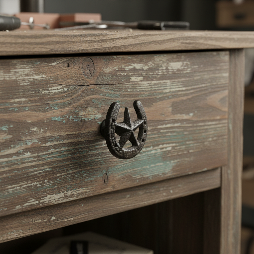 Horseshoe star cast iron drawer pull with mounting holes on distressed wood cabinet