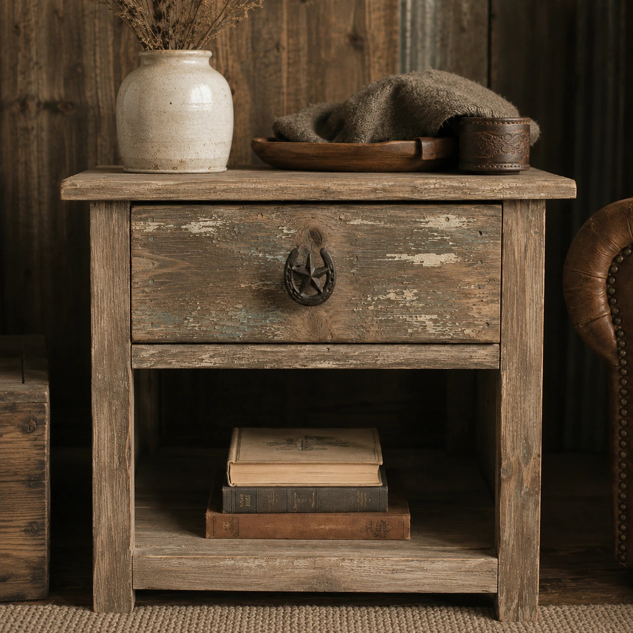 Front view of weathered wood nightstand with horseshoe star cabinet pull