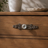 Straight-on view of ornate brown cast iron cabinet backplate with faceted glass knob