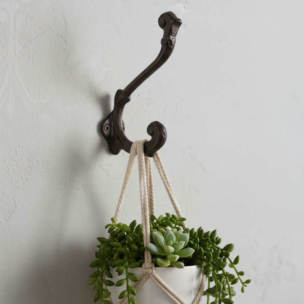 Black cast iron hook with curved arms for organizing, holds plant basket on wall accent