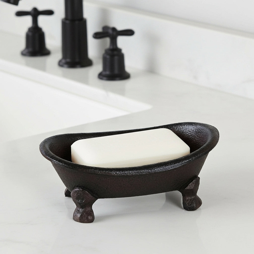 Black cast iron bathtub soap dish with bar soap, vintage claw foot design in bathroom