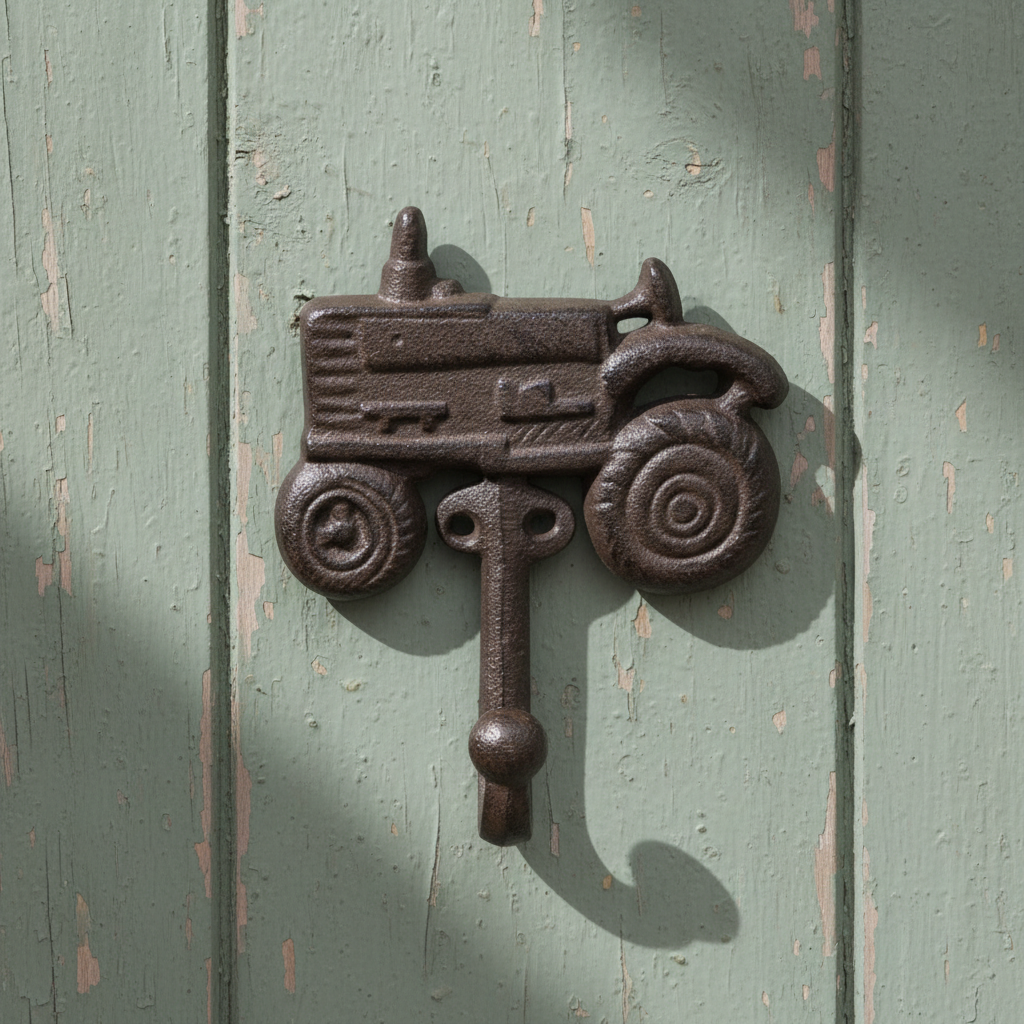 Cast iron tractor hook with detailed wheels and seat, antique brown finish mounted on wall