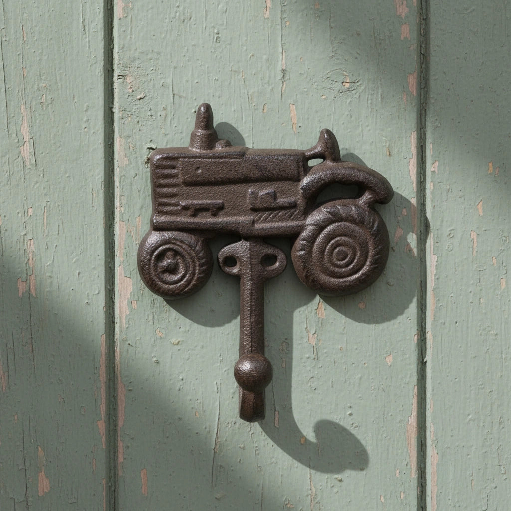 Cast iron tractor hook with detailed wheels and seat, antique brown finish mounted on wall