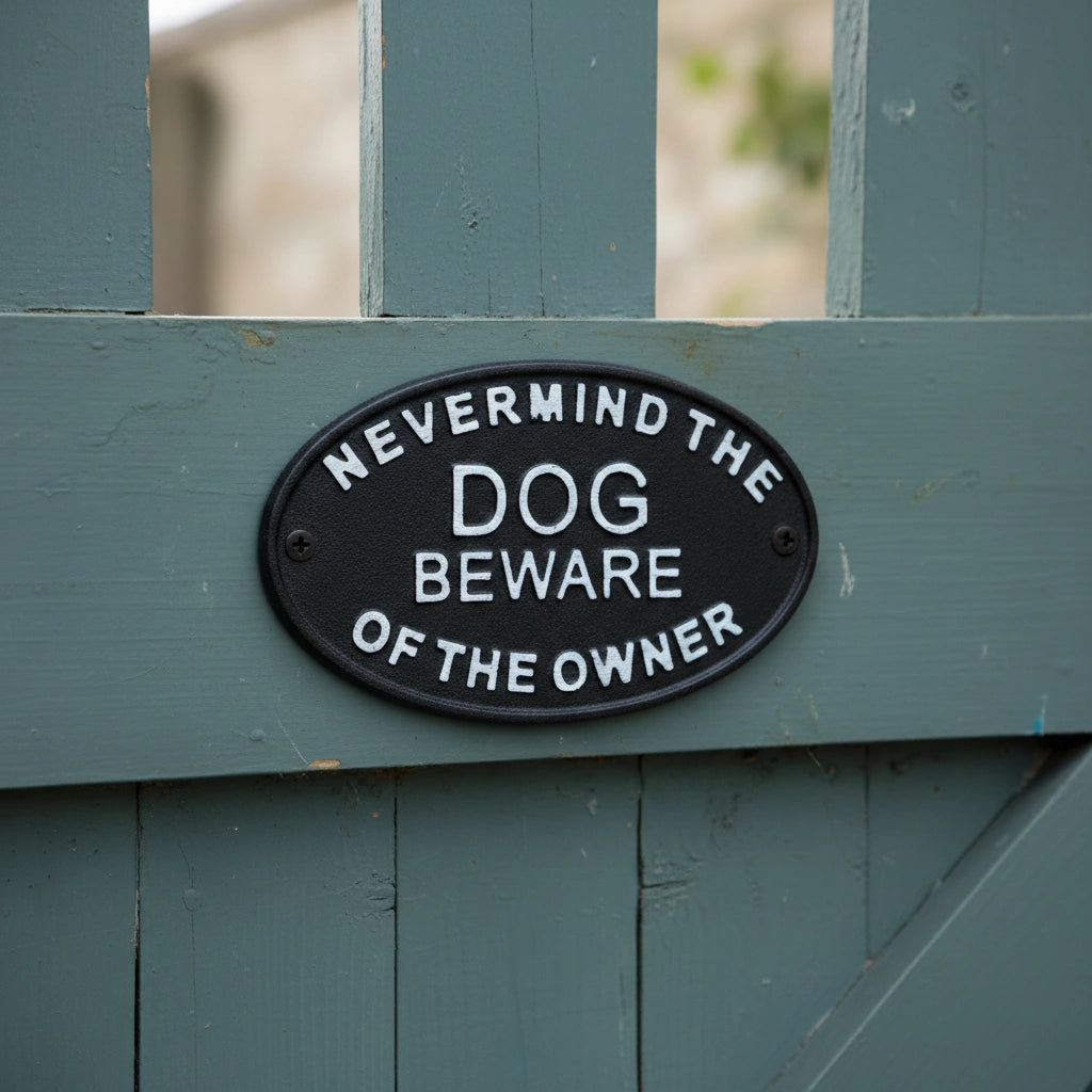 Cast iron plaque with humorous text Nevermind the Dog Beware of the Owner, black finish