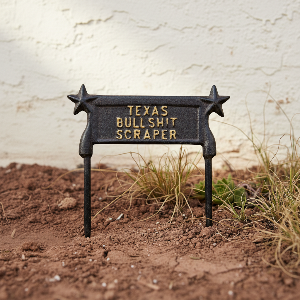 Cast iron Texas boot scraper with star handles, gold lettering, dark finish, rustic farmhouse