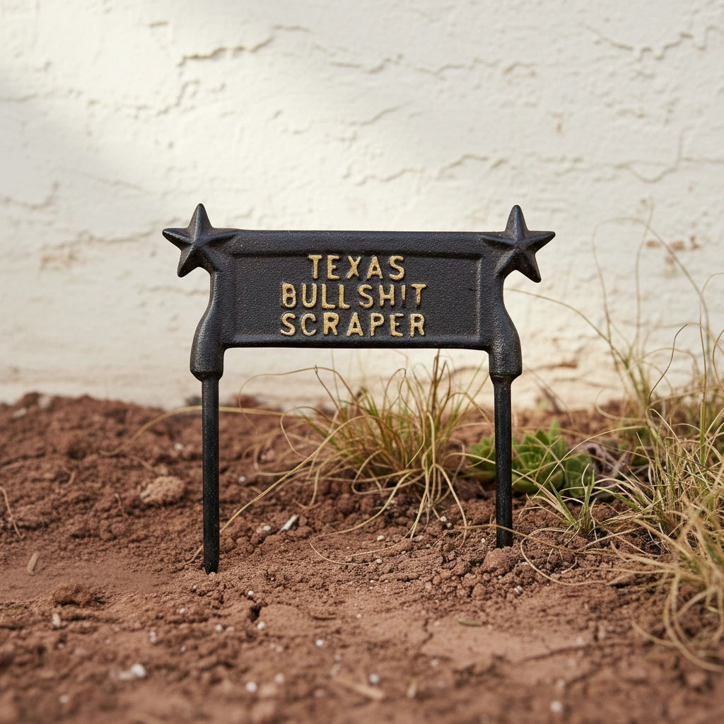 Cast iron Texas boot scraper with star handles, gold lettering, dark finish, rustic farmhouse