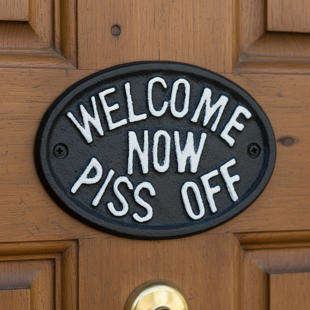 Cast iron oval plaque with white text Welcome Now Piss Off on dark finish mounted on door