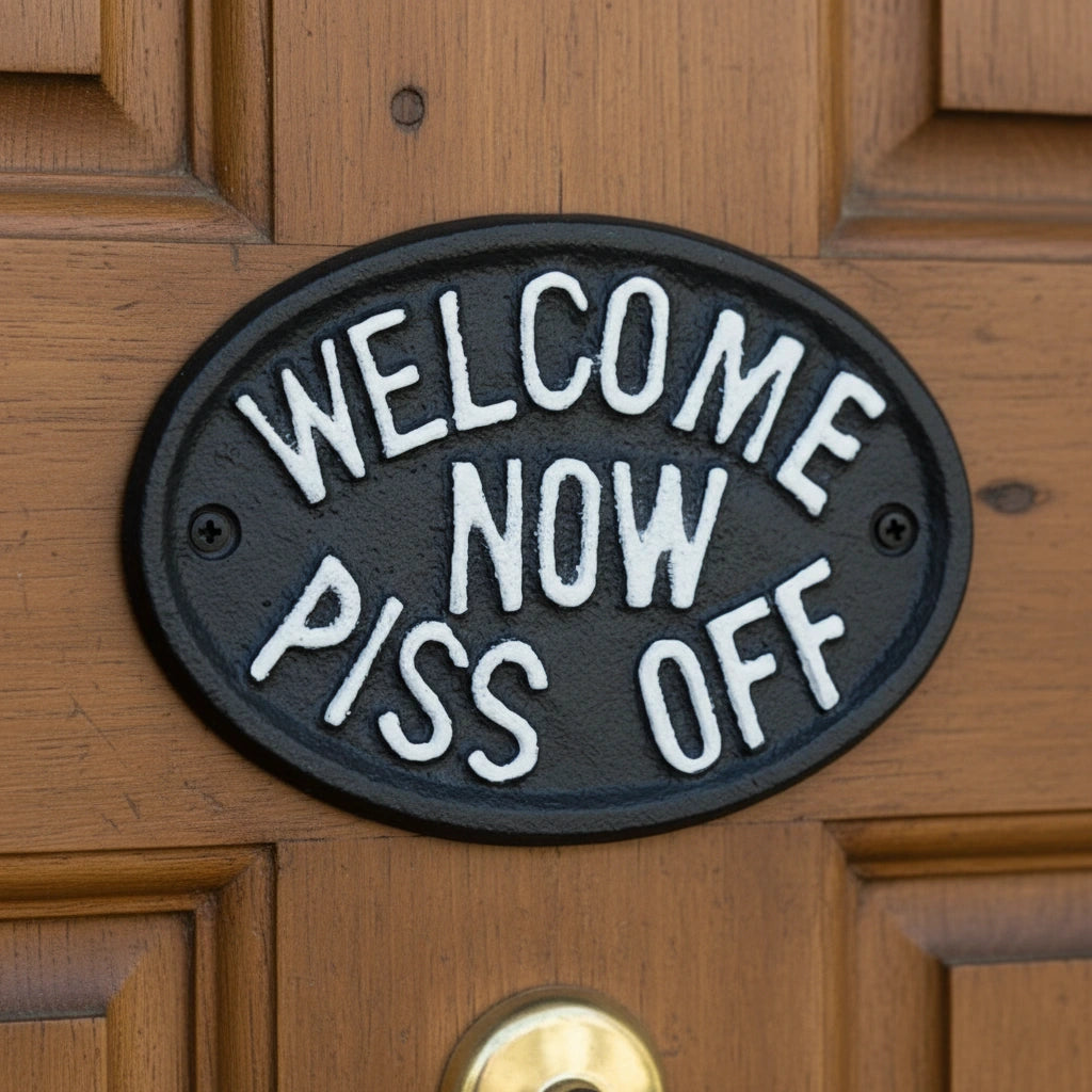 Cast iron oval plaque with white text Welcome Now Piss Off on dark finish mounted on door