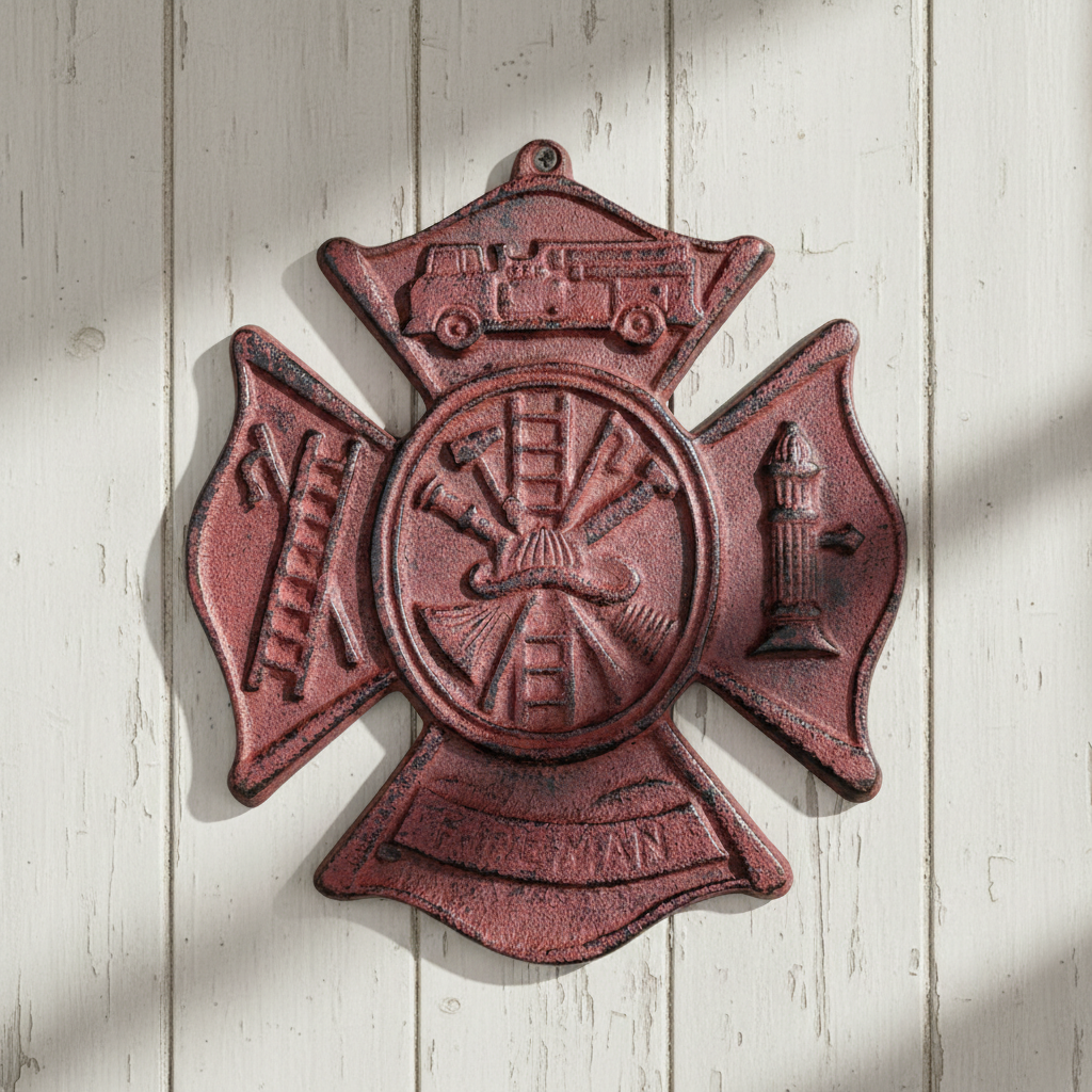 Cast iron fireman plaque with red finish, Maltese cross firefighter emblem, relief detail tribute