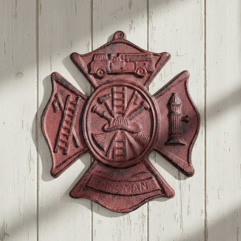 Cast iron fireman plaque with red finish, Maltese cross firefighter emblem, relief detail tribute