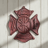 Cast iron fireman plaque with red finish, Maltese cross firefighter emblem, relief detail tribute