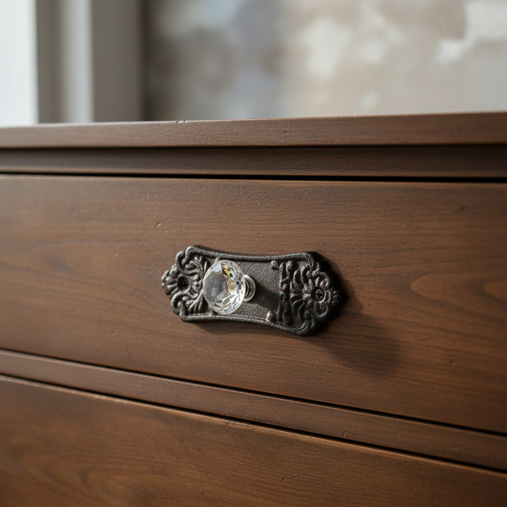 Black textured cast iron crystal drawer pull with sparkling glass knob, vintage glam