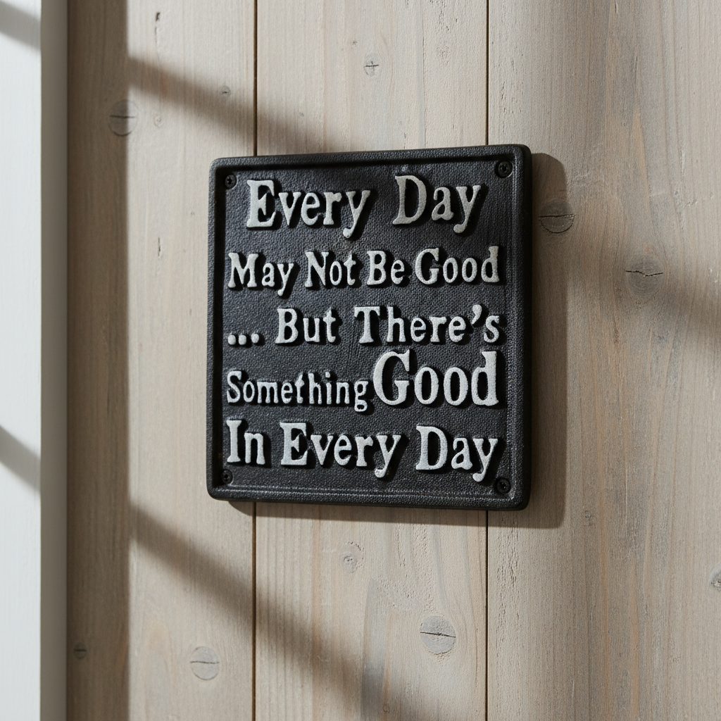 Black cast iron inspirational plaque with white text on rustic wood wall