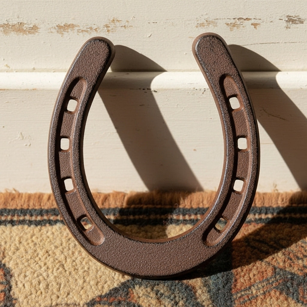 Rustic cast iron horseshoe good luck charm with nail holes, brown textured finish on cream backdrop