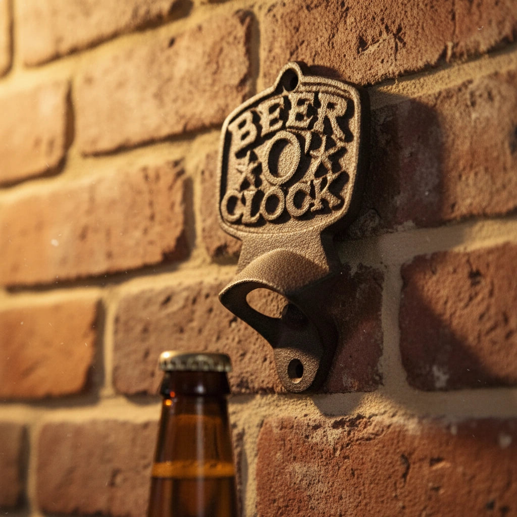 Black cast iron beer o clock bottle opener mounted on brick wall with bottle