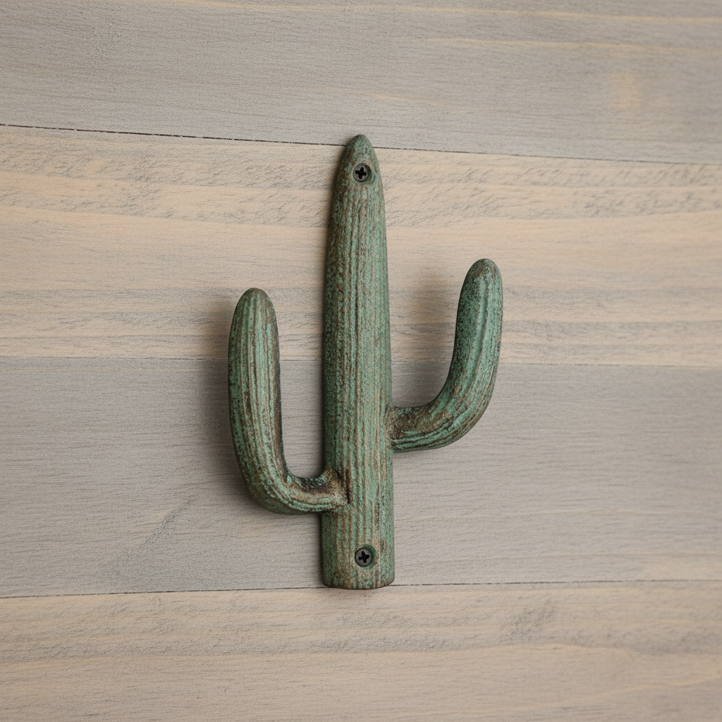 Verdigris cast iron cactus hook with textured finish and dual mounting points for southwest decor