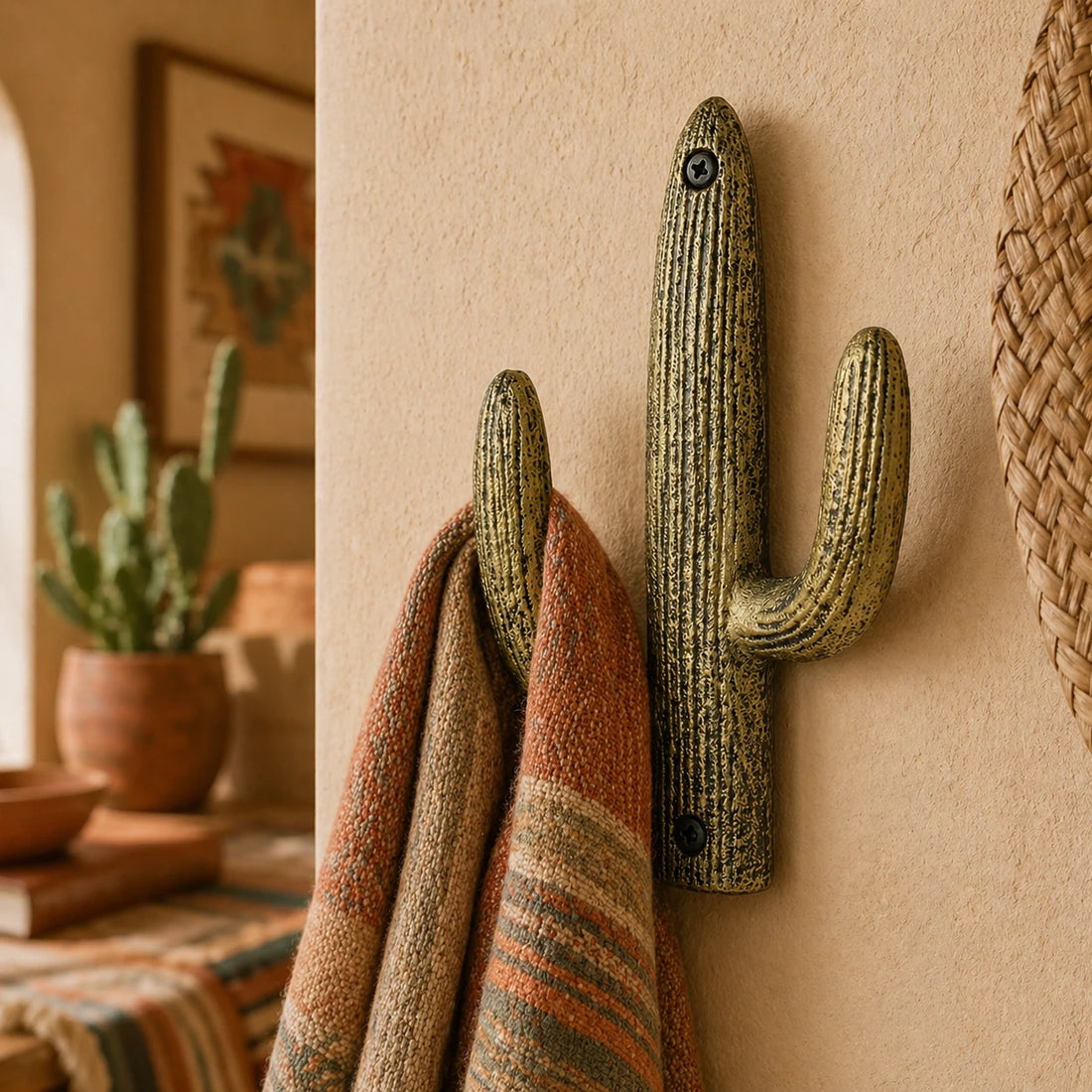 Weathered gold cast iron cactus wall hook mounted on a beige wall.
