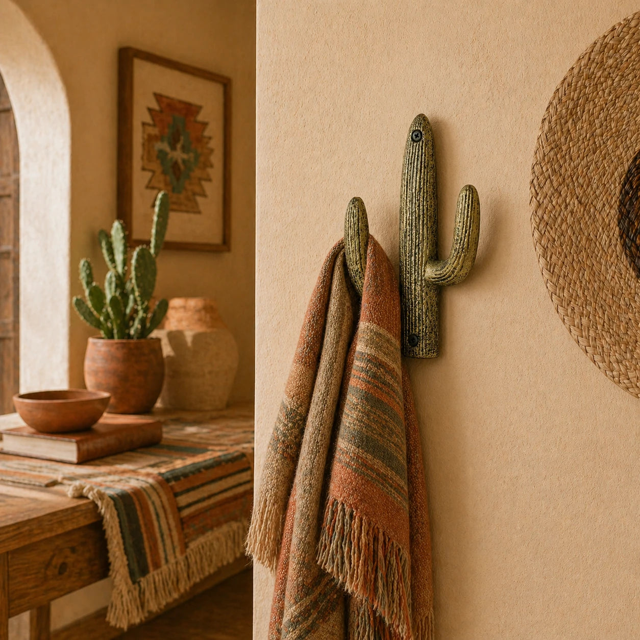 Weathered gold cast iron cactus wall hook holding a striped towel.