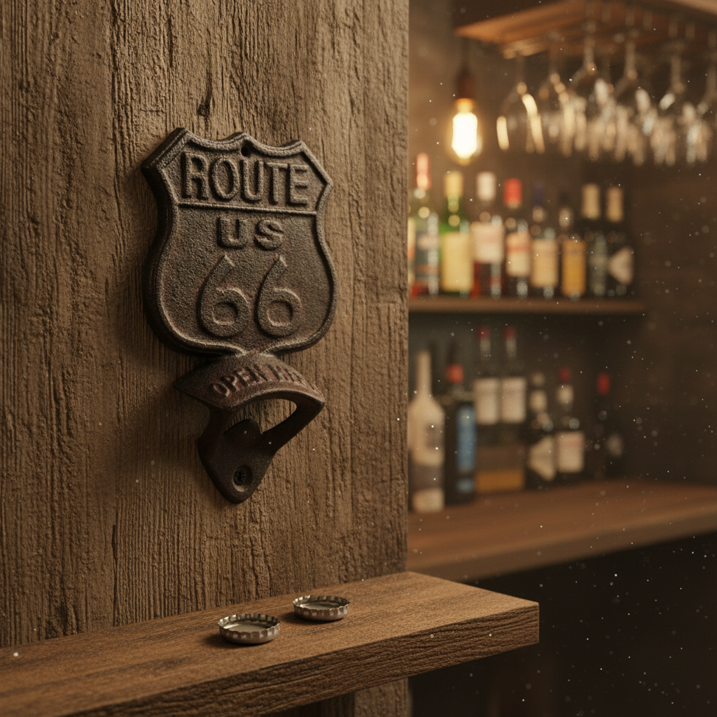 Black cast iron Route 66 bottle opener with vintage shield sign design mounted