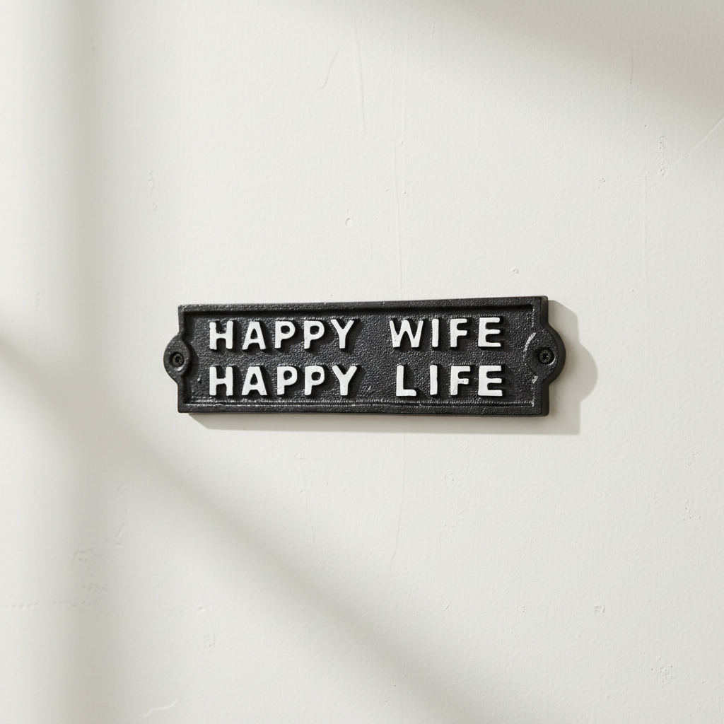Cast iron Happy Wife Happy Life rustic sign, black metal plaque, white embossed text
