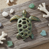 Antique bronze cast iron sea turtle figurine with turquoise patina, coastal home decor accent