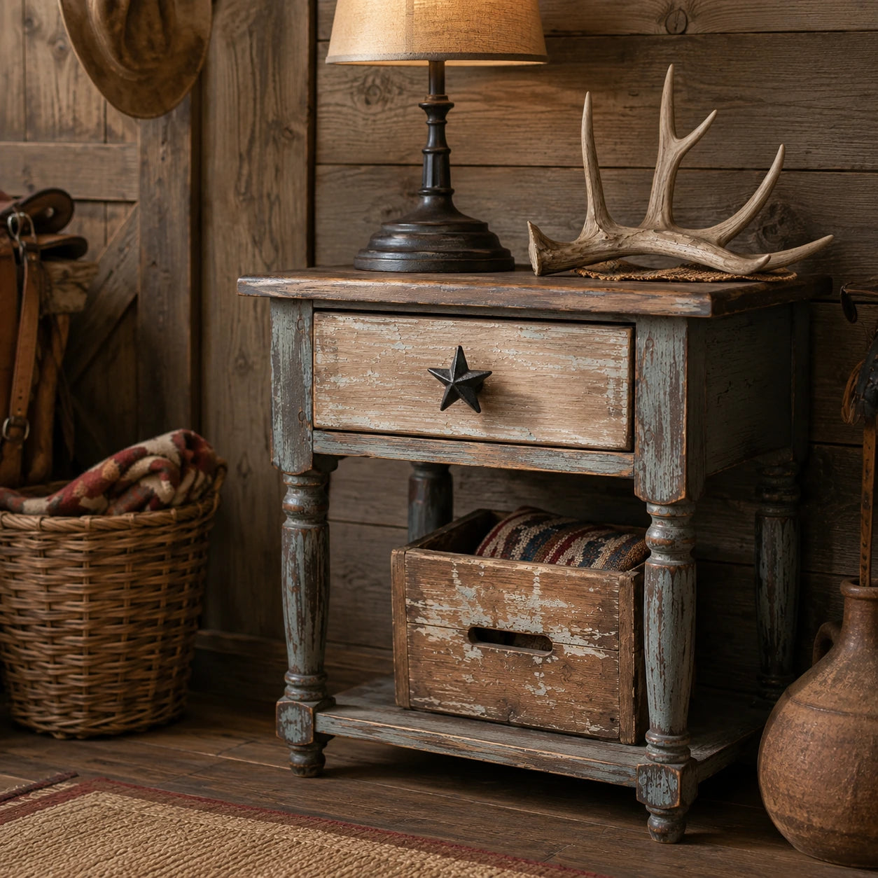 Rustic nightstand with black cast iron star drawer knob and western decor