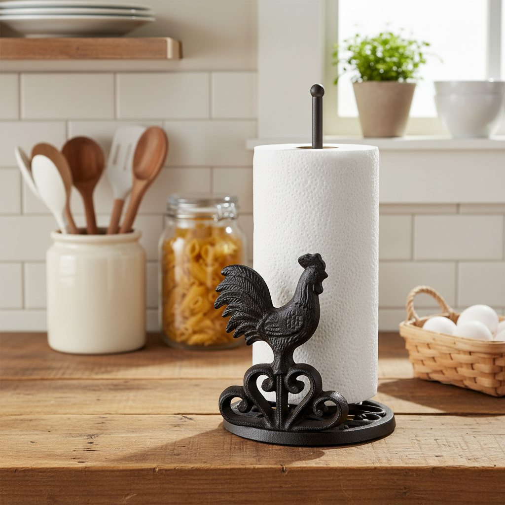 Black cast iron rooster paper towel holder on kitchen counter with ornamental scrolled feet