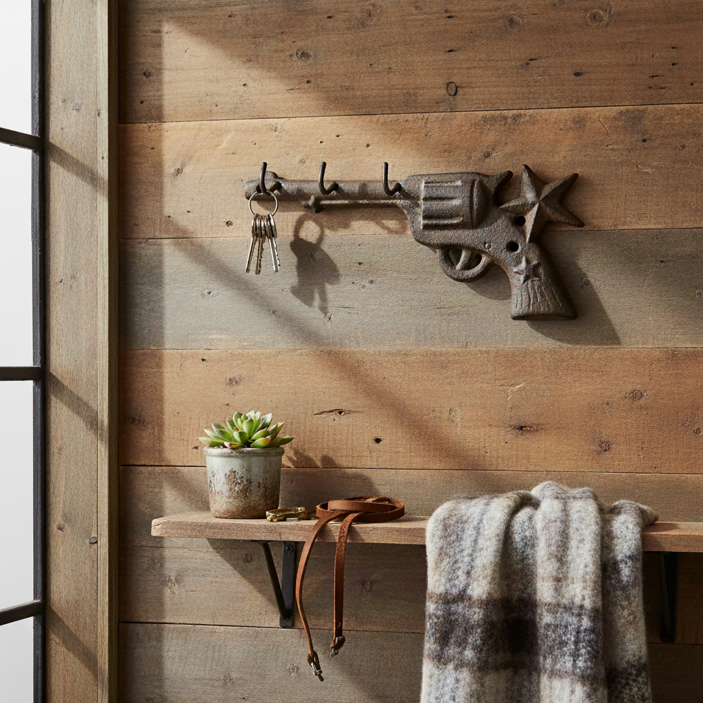 Western Cast Iron Gun Hooks with Star, Unique Frontier Decor