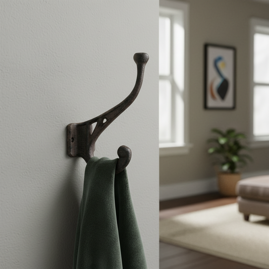 Vintage-style wall hook with a green towel in a home setting