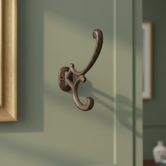 Decorative metal hook on a green wall