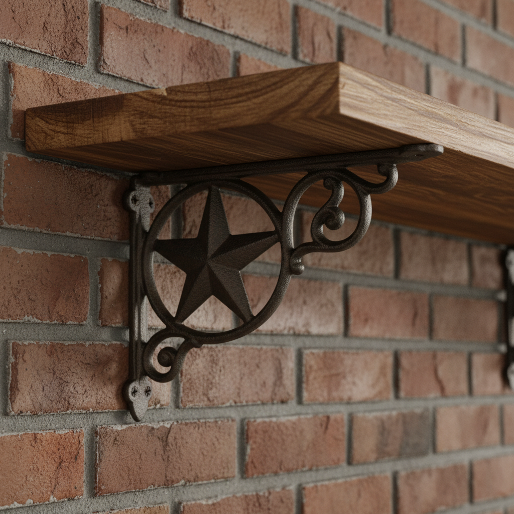 Rustic cast iron star bracket with scrollwork, dark weathered finish, wall shelf support