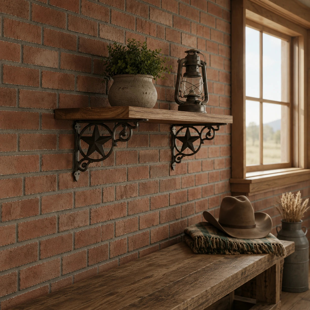Wood wall shelf with black cast iron western star brackets on a brick wall