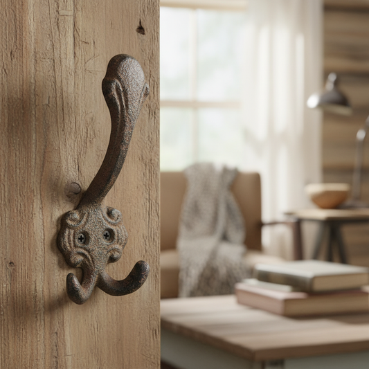 Decorative metal hook on a wooden surface with a blurred living room in the background