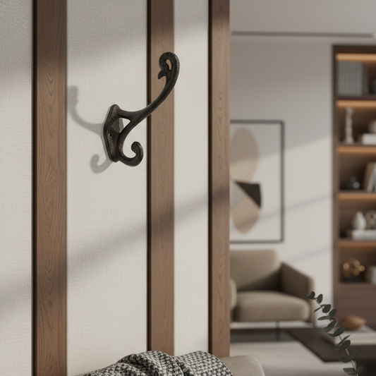 Decorative black wall hook on a wooden wall with a blurred living room background