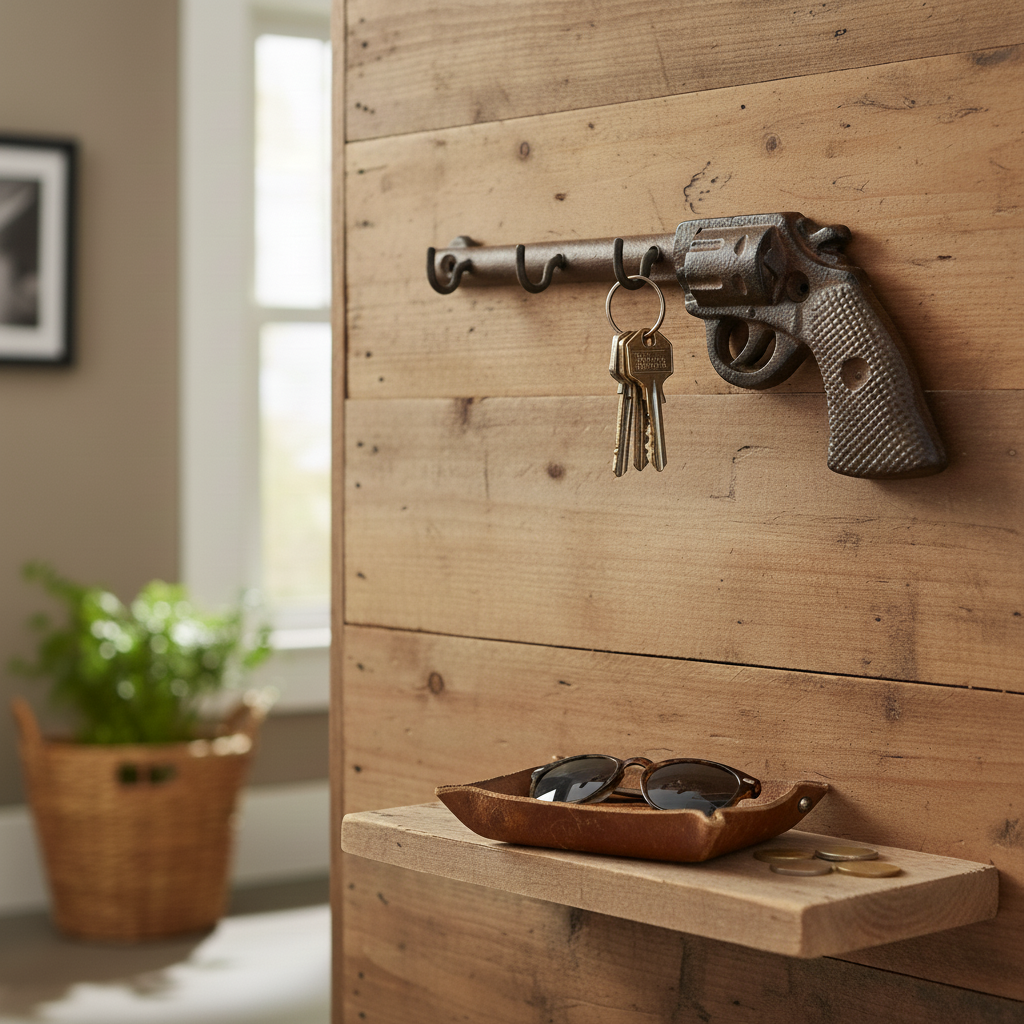 Western cast iron revolver wall hook with 4 keys hanging, mounted on wooden shiplap wall