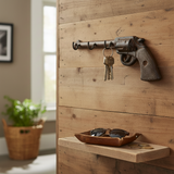Western cast iron revolver wall hook with 4 keys hanging, mounted on wooden shiplap wall
