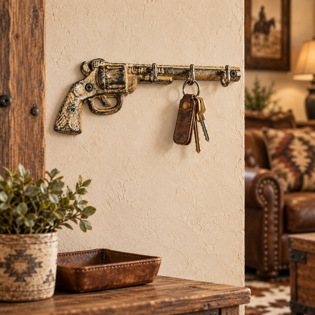 Right-facing tan cast iron revolver wall hook with keys in a Western entryway