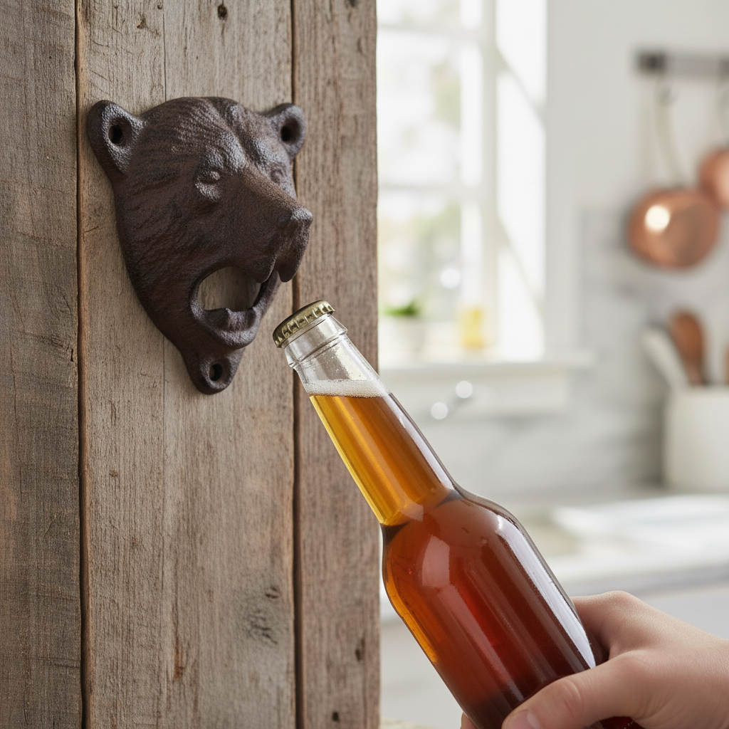 Rustic cast iron bear bottle opener with textured dark finish mounted on wooden wall opening beer