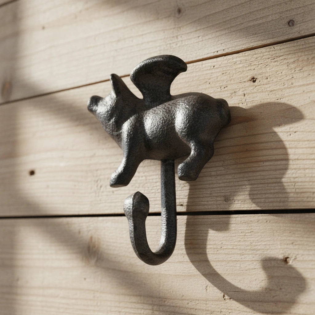 Cast iron flying pig left facing hook black wall accent quirky rustic decor