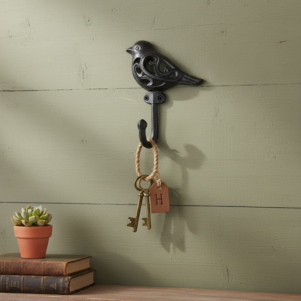 Black cast iron bird hook wall accent with ornate cutout design and curved hanging detail
