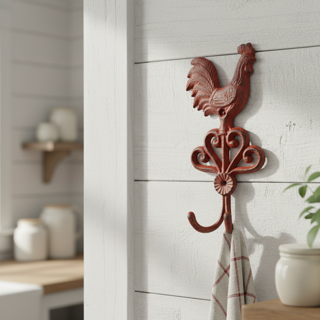 Red cast iron rooster hook with ornate base, rustic farmhouse kitchen decor
