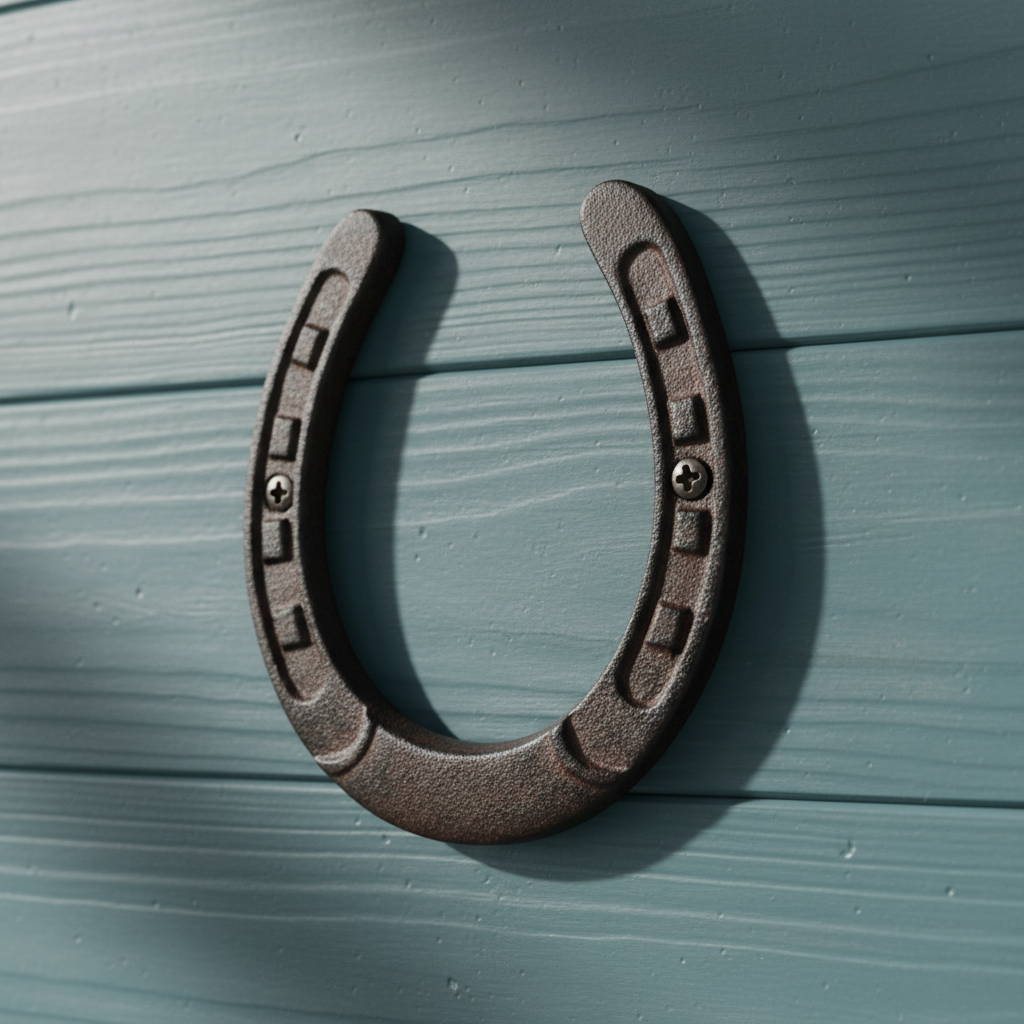 Cast iron horseshoe wall decor with nail holes, rustic brown patina, lucky charm accent