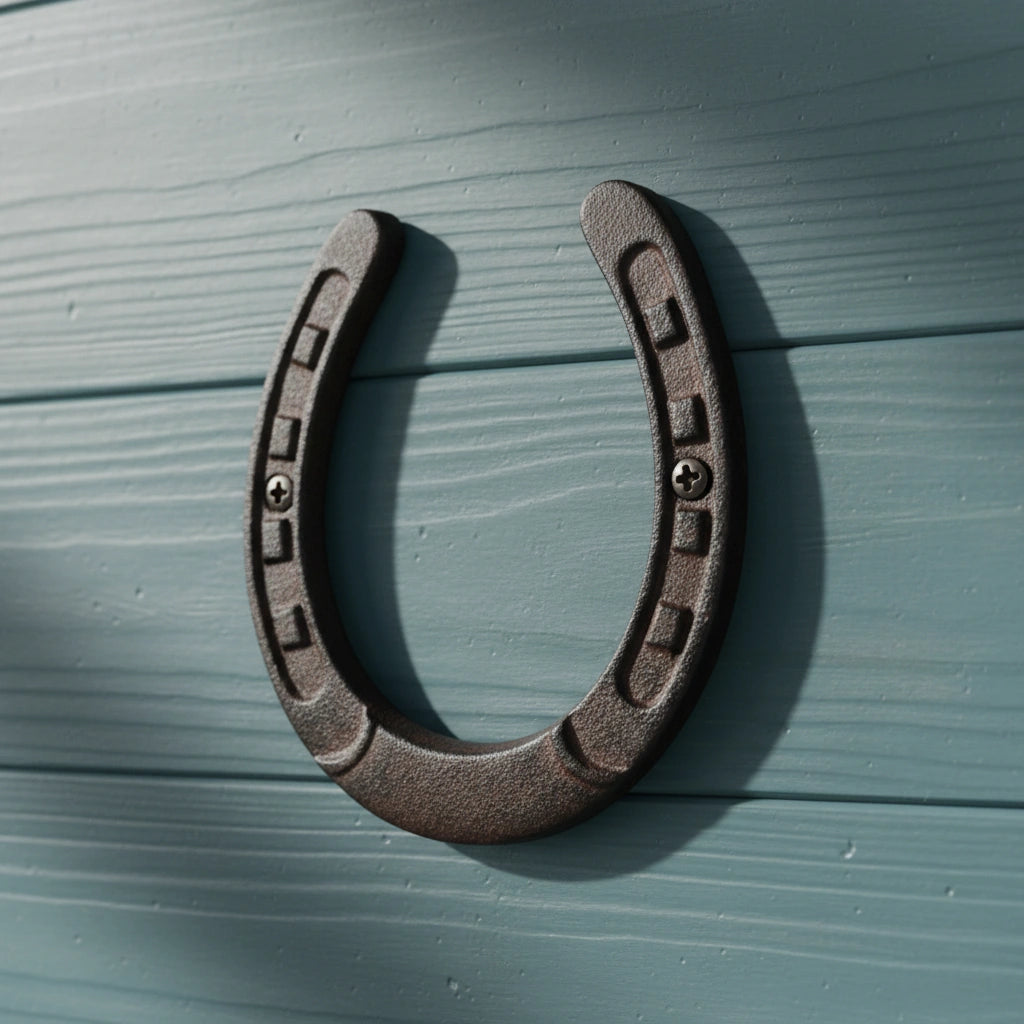 Cast iron horseshoe wall decor with nail holes, rustic brown patina, lucky charm accent