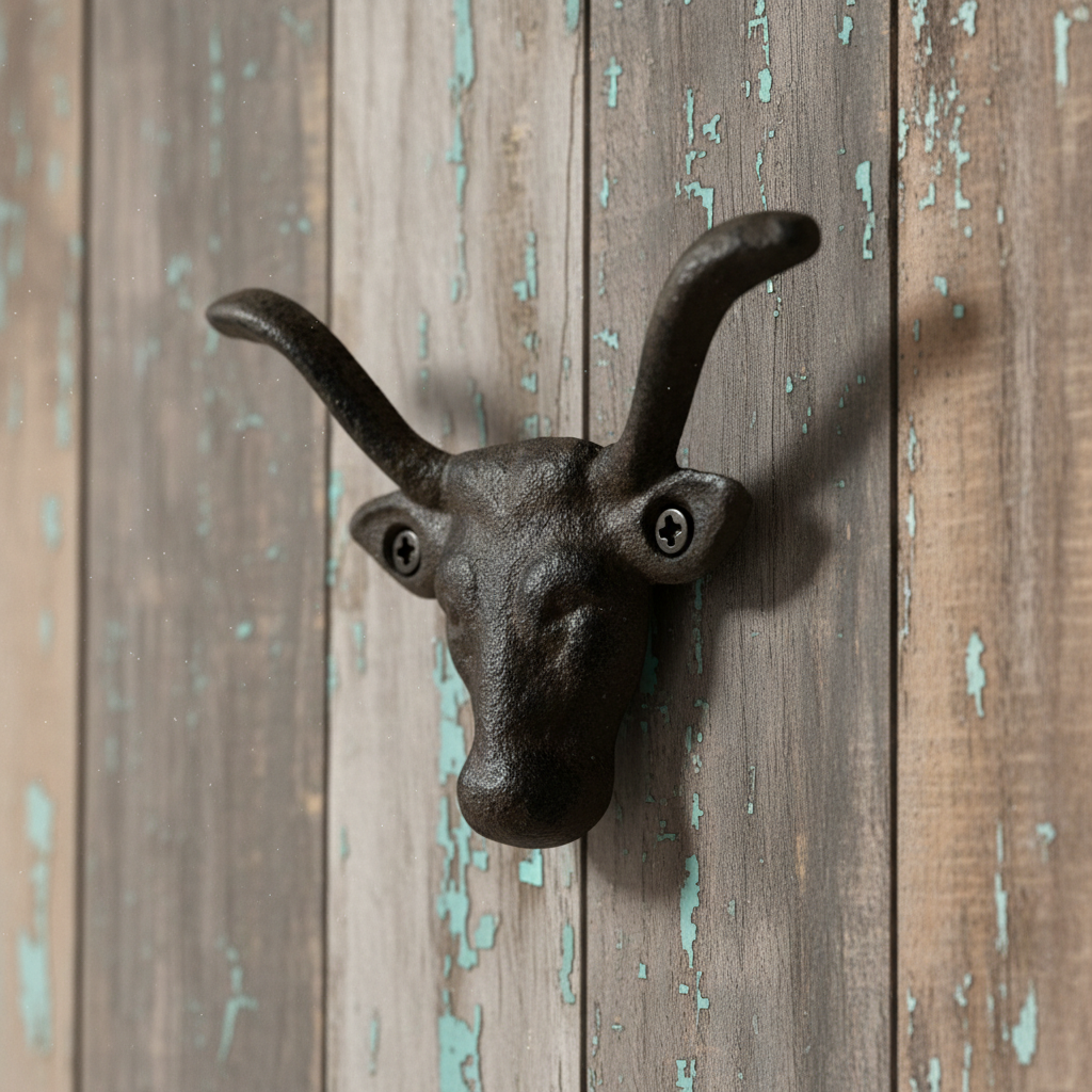 Black cast iron bull head wall hook with curved horns mounted on weathered barn wood siding