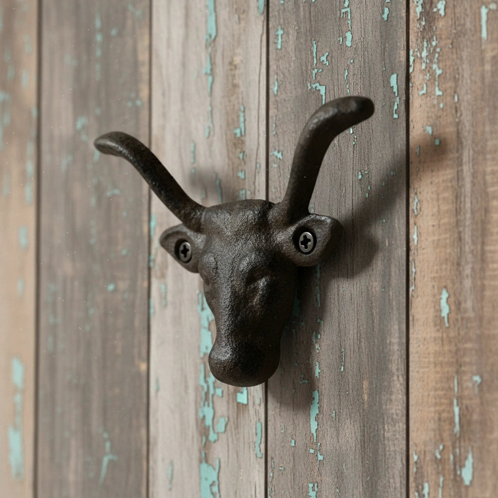 Black cast iron bull head wall hook with curved horns mounted on weathered barn wood siding